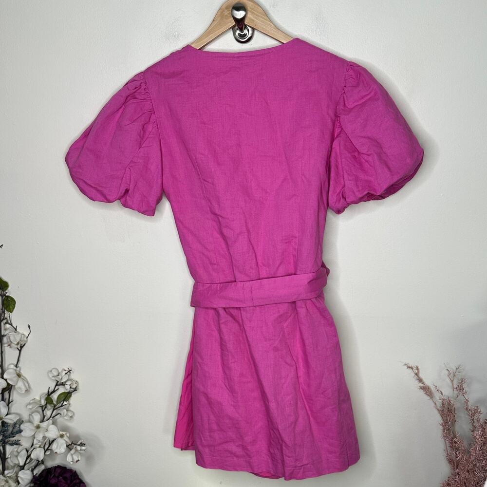 ANTHROPOLOGIE x CHARLIE HOLIDAY Linen Puff Sleeve Mini Dress Pink Sz 6 {3W45} - Picture 4 of 6